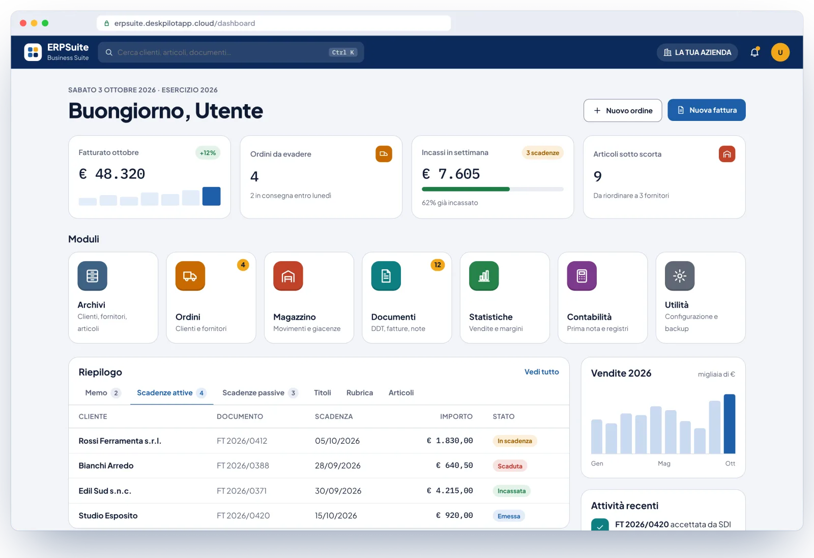 ERPSuite — dashboard con riepilogo, moduli e scadenze