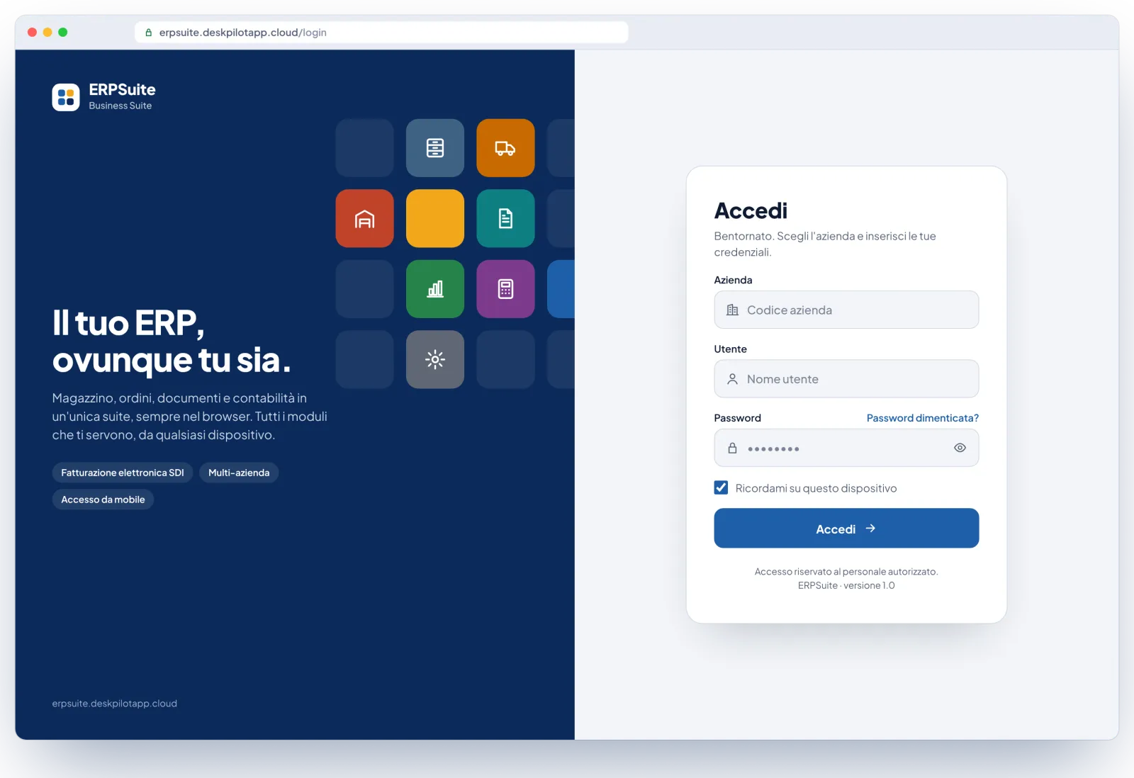ERPSuite — accesso con codice azienda, utente e password