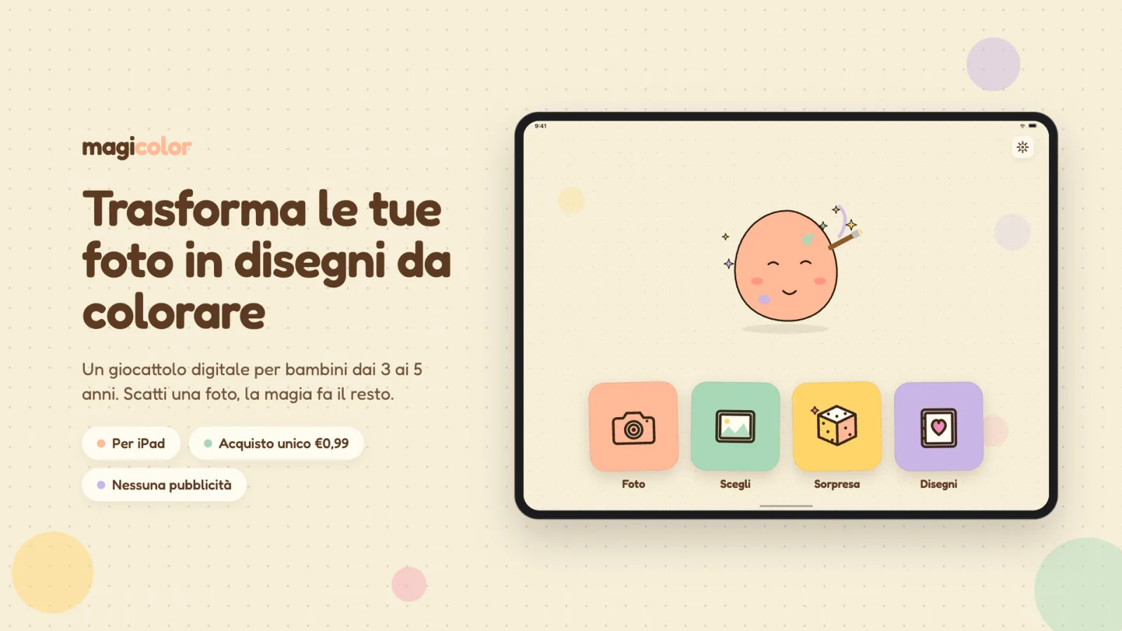 Magicolor — schermata iniziale con i pulsanti Foto, Scegli, Sorpresa e Disegni